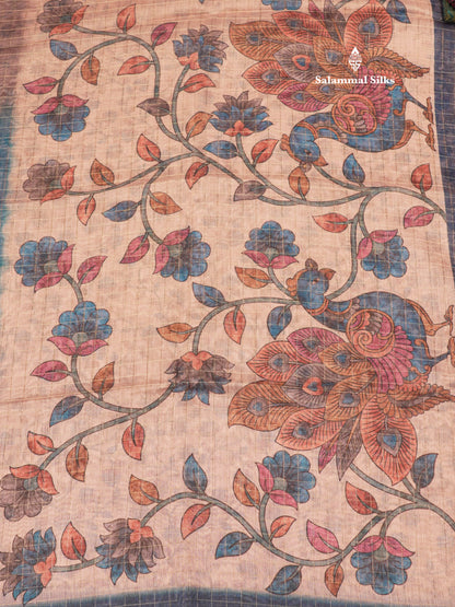Fancy Cotton Mix Saree MultiColour Body Checks With Floral Kalamkari Blouse