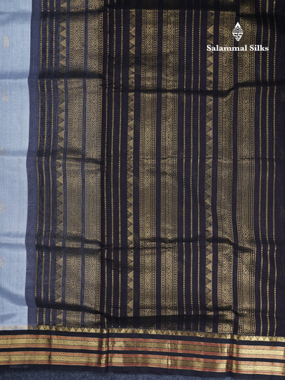 Blueish Grey Pure Silk Cotton Saree With Contrast Black Traditional Border