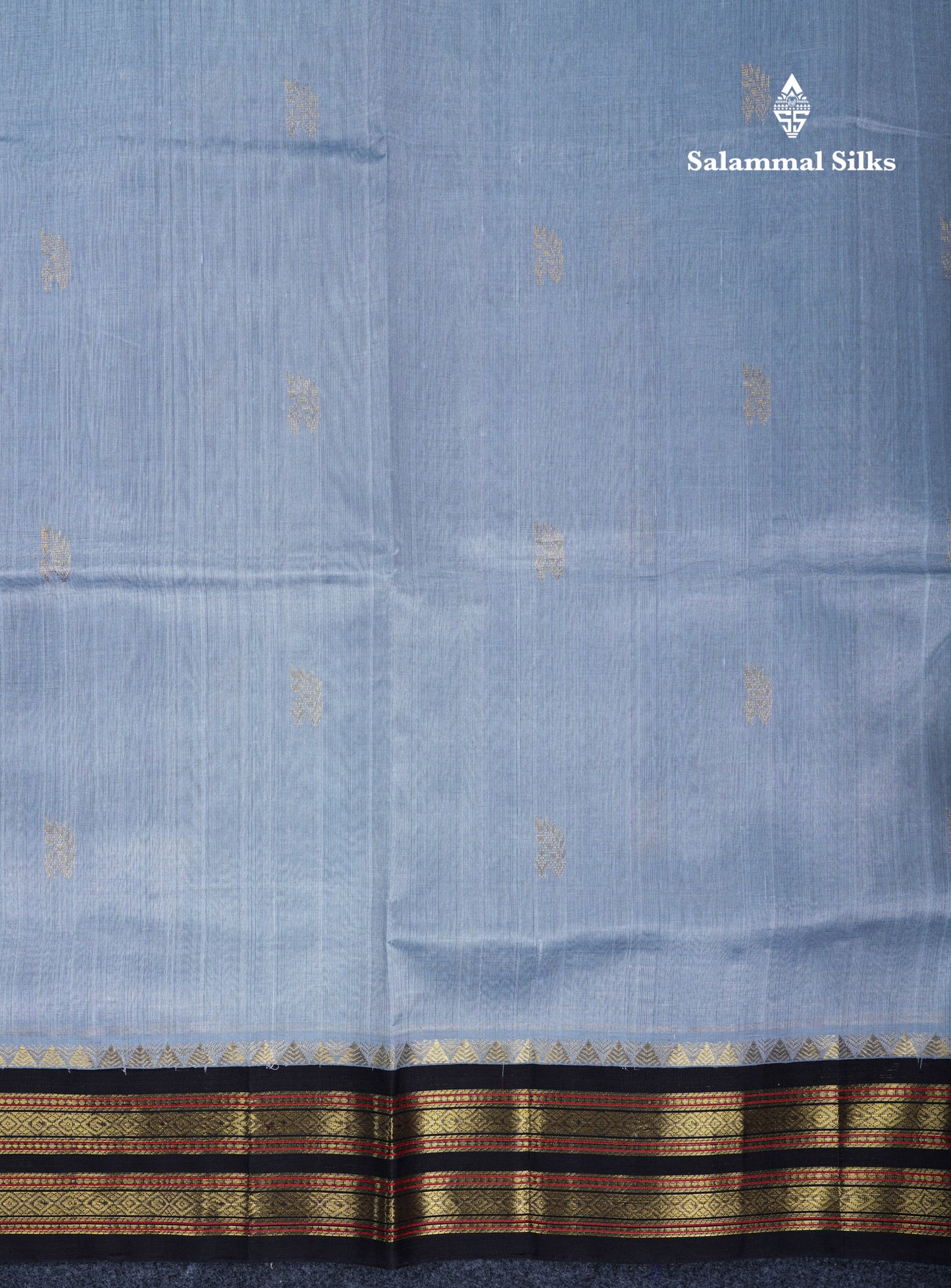 Blueish Grey Pure Silk Cotton Saree With Contrast Black Traditional Border