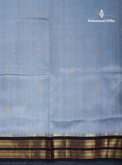 Blueish Grey Pure Silk Cotton Saree With Contrast Black Traditional Border