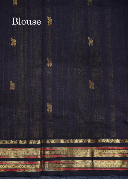 Blueish Grey Pure Silk Cotton Saree With Contrast Black Traditional Border