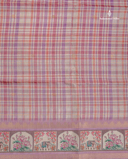Semi Silk Saree - MultiColour Body Checks With Contrast Dusty Mauve Fancy Border