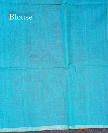 Peach Beautiful Fancy Kora Cotton Saree With Contrast Sky Blue Blouse