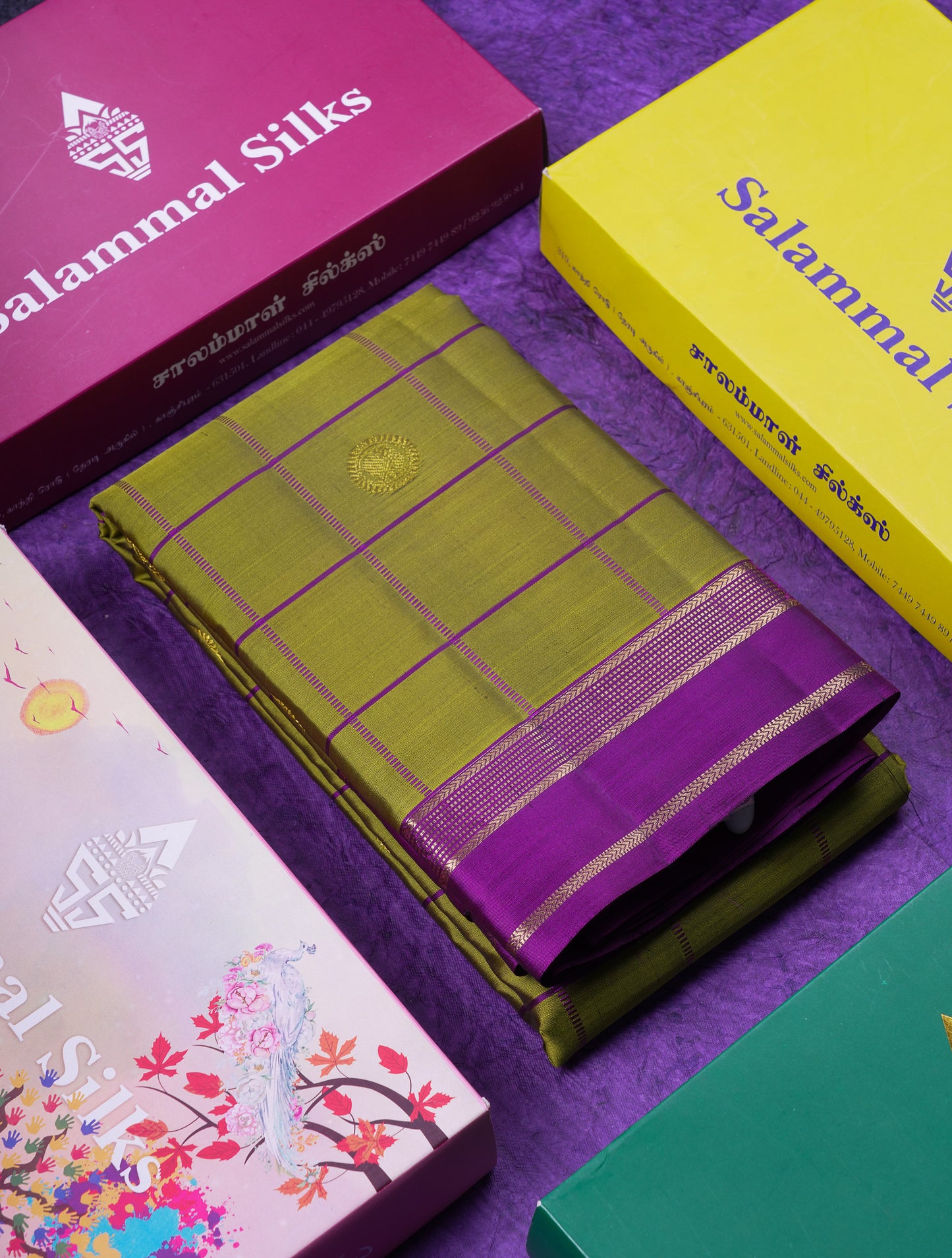 Beautiful Rexona Green Checks With Butta Pure Kanjivaram Silk Saree With Contrast Purple Traditional Medium Gap Border