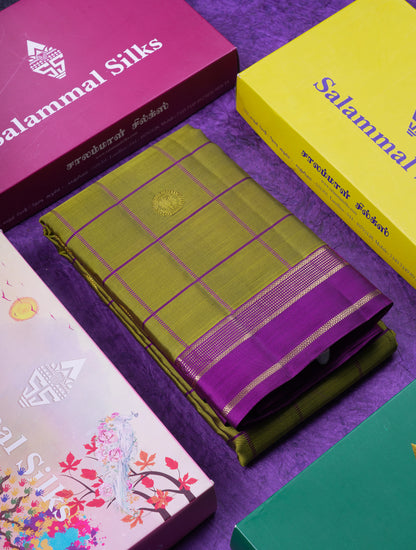 Beautiful Rexona Green Checks With Butta Pure Kanjivaram Silk Saree With Contrast Purple Traditional Medium Gap Border