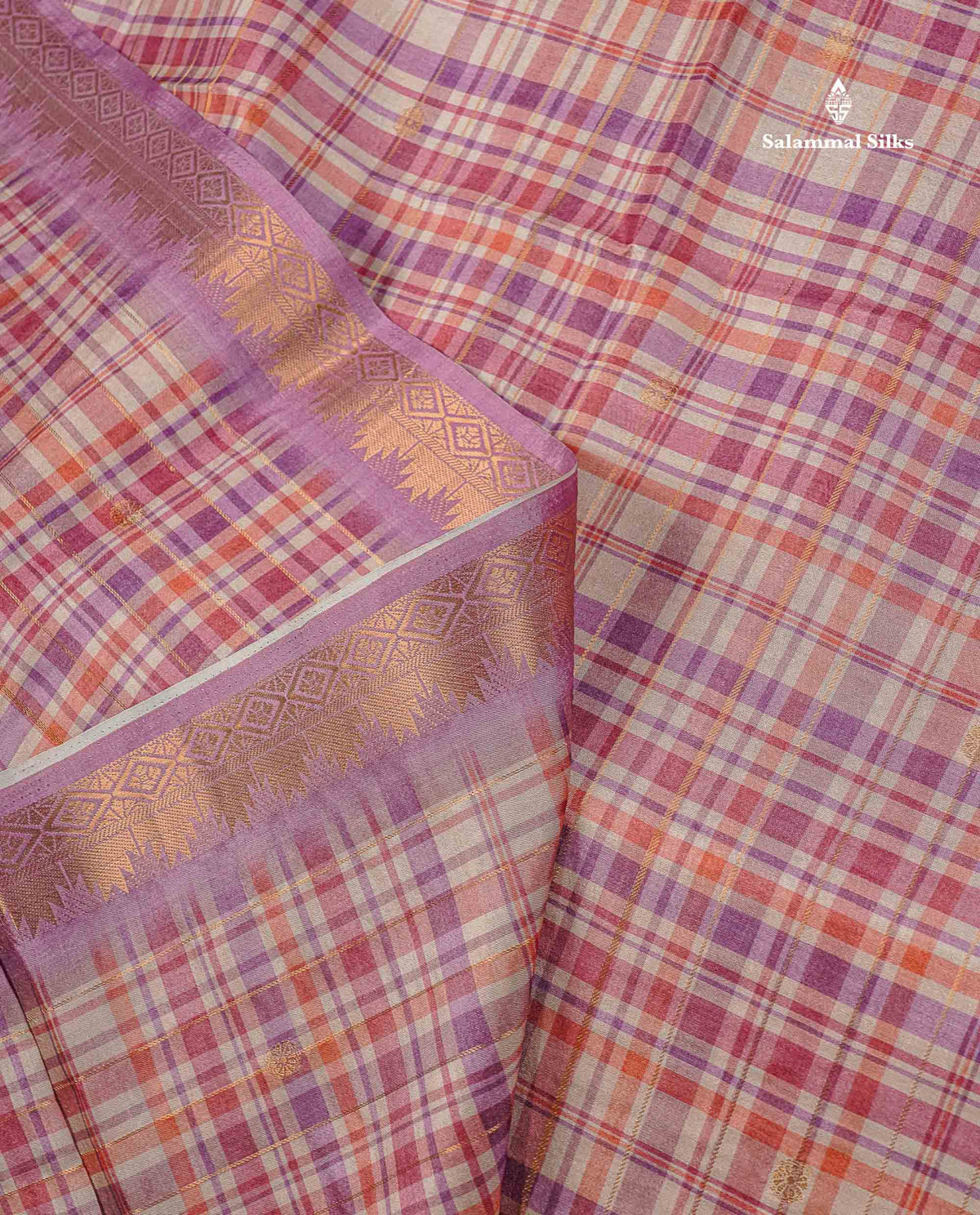 Semi Silk Saree - MultiColour Body Checks With Contrast Dusty Mauve Fancy Border
