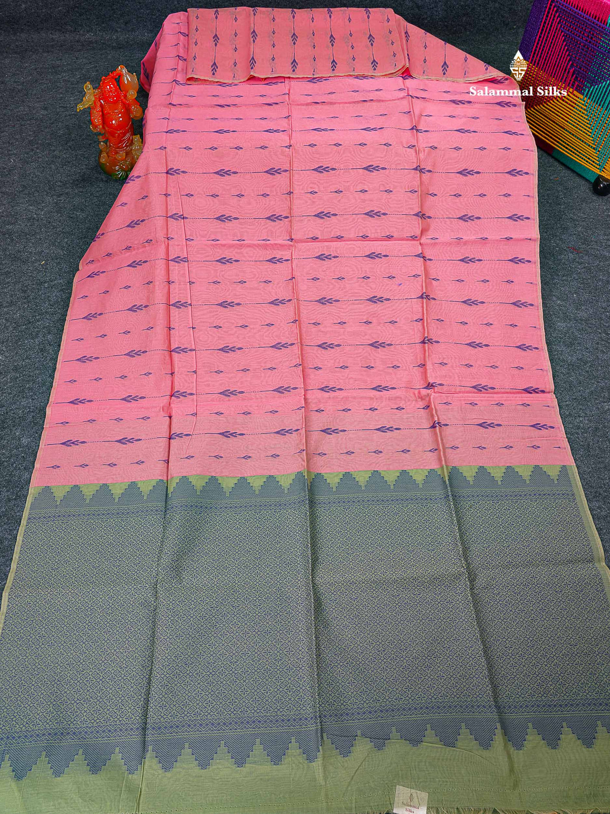Light Pink Beautiful Fancy Kora Cotton Saree With Contrast Green Shade Blouse