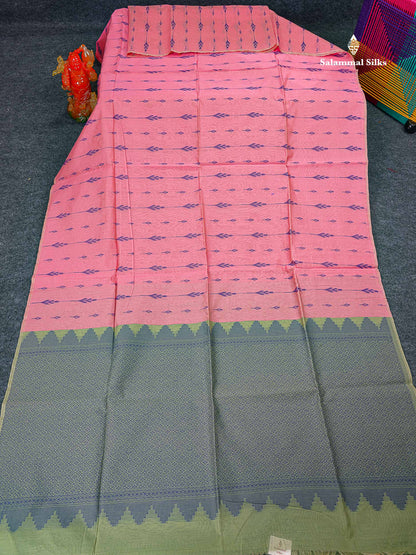 Light Pink Beautiful Fancy Kora Cotton Saree With Contrast Green Shade Blouse