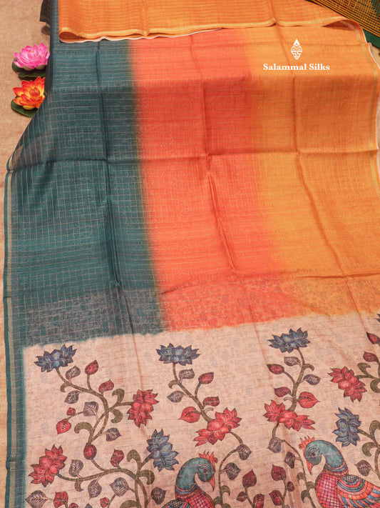 Fancy Cotton Mix Saree MultiColour Body Checks With Floral Kalamkari Blouse