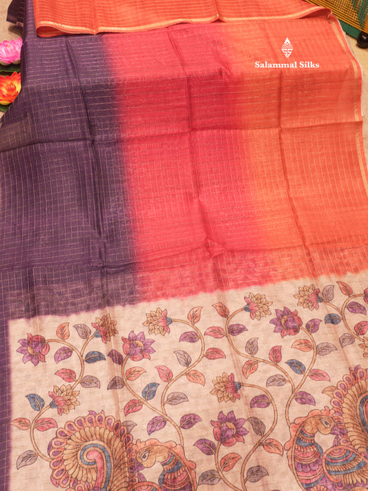Fancy Cotton Mix Saree MultiColour Body Checks With Floral Kalamkari Blouse