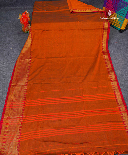 9 Yards Beautiful olive Brown Pure Cotton Saree With Gold Zari Border