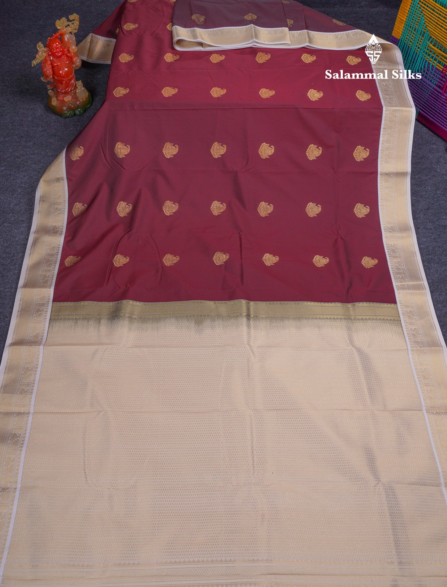 Beautiful Dark Maroon Semi Silk Saree With Contrast Cream Sandal Traditional Border