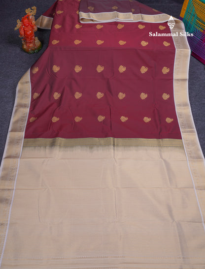 Beautiful Dark Maroon Semi Silk Saree With Contrast Cream Sandal Traditional Border