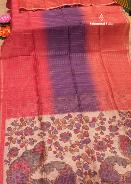 Fancy Cotton Mix Saree MultiColour Body Checks With Floral Kalamkari Blouse