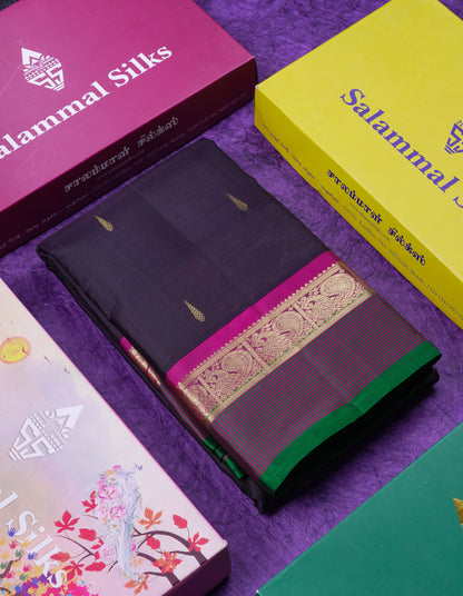 Beautiful Dark Brown Pure Kanjivaram Silk Saree With Contrast Magenta Traditional Border