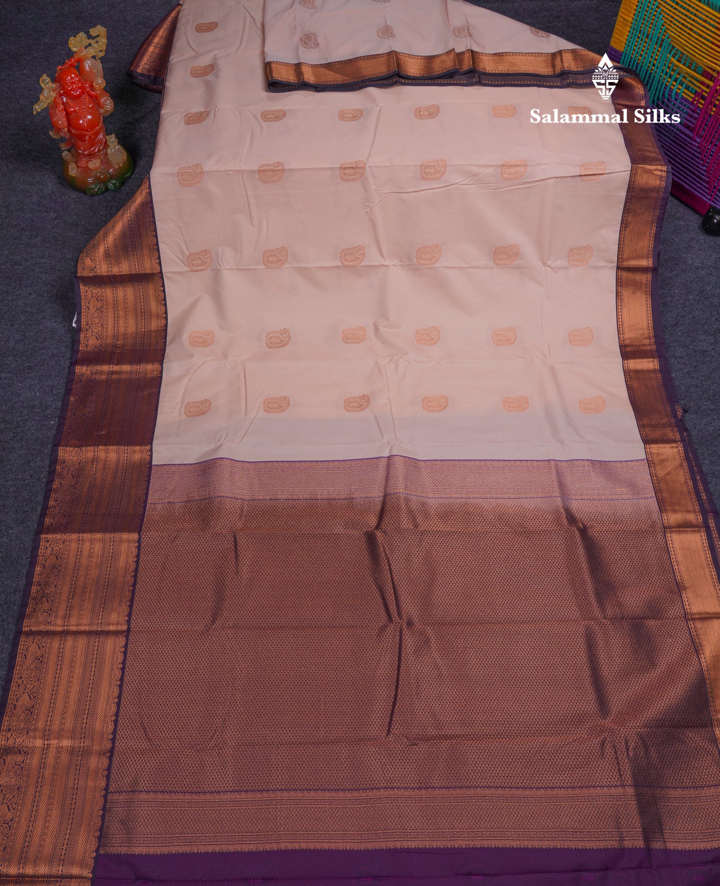 Beautiful Peach Semi Silk Saree With Contrast Dark Violet Traditional Evening Morning Border