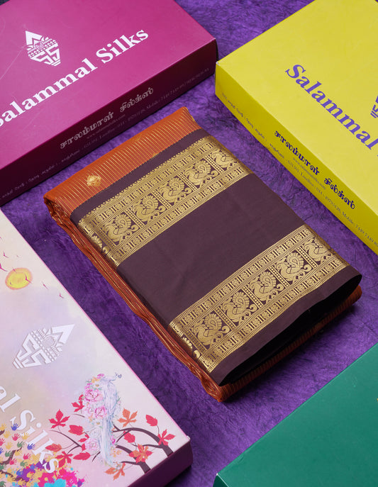 Beautiful Rust Orange Puremix Silk Saree With Contrast Dark Brown Traditional Rettapet Evening Morning Border