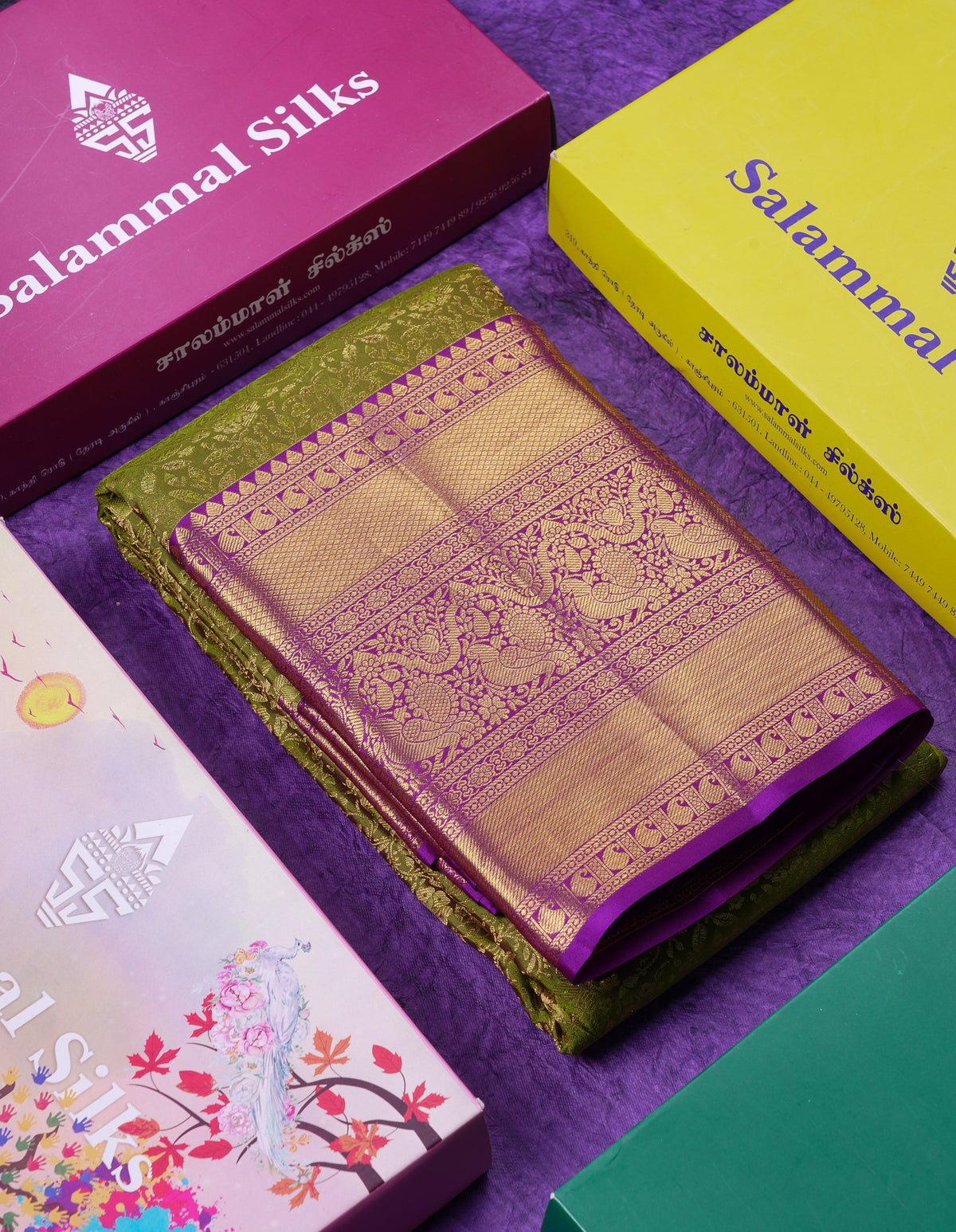 Beautiful Olive Green Bridal Pure Kanjivaram Silk Saree With Contrast Violet Traditional Evening Morning Border