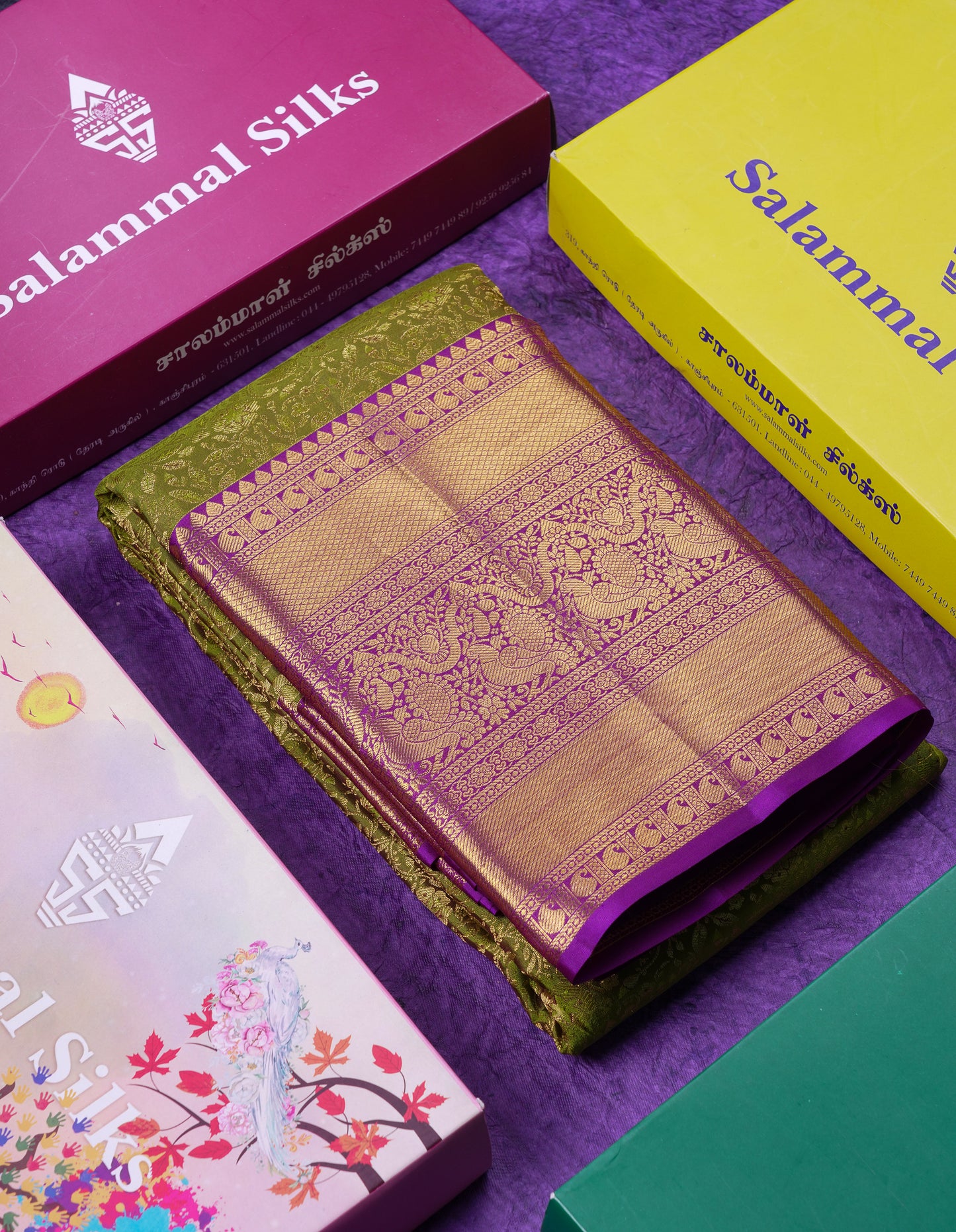 Beautiful Olive Green Bridal Pure Kanjivaram Silk Saree With Contrast Violet Traditional Evening Morning Border