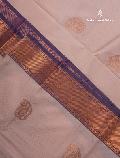 Beautiful Peach Semi Silk Saree With Contrast Dark Violet Traditional Evening Morning Border