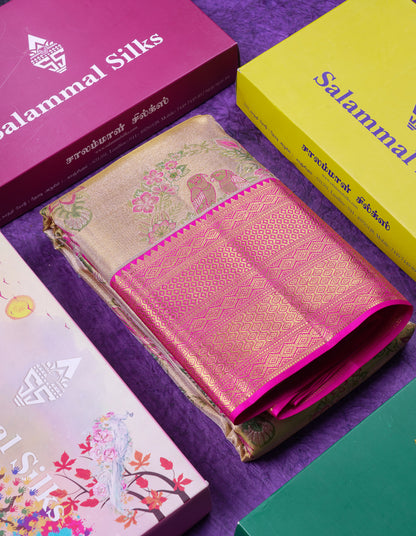 Beautiful Gold Tissue Bridal Pure Kanjivaram Silk Saree With Contrast Pink Traditional Border