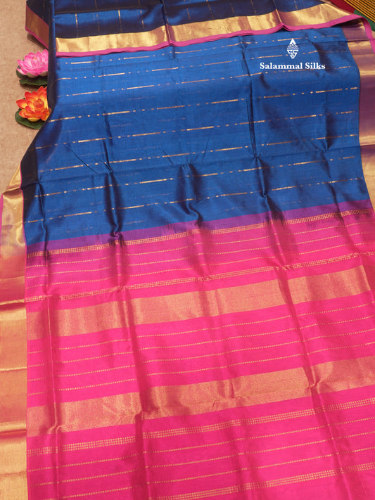 Blue Colour Pure Silk Cotton Saree With Contrast Pink Border