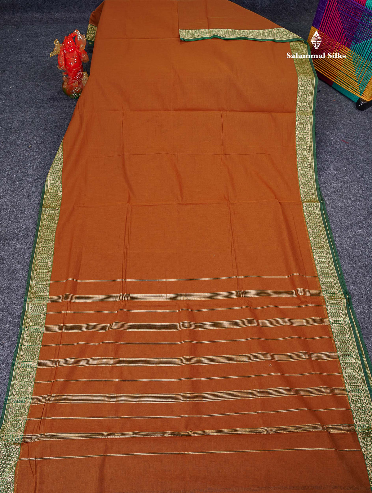 9 Yards Beautiful Light Brown Plain Pure Cotton Saree With Green Thread Work Border