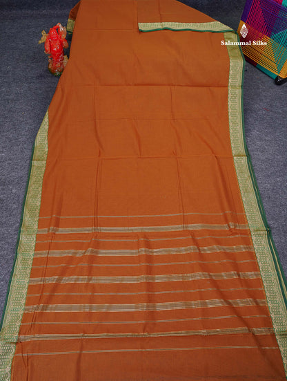 9 Yards Beautiful Light Brown Plain Pure Cotton Saree With Green Thread Work Border