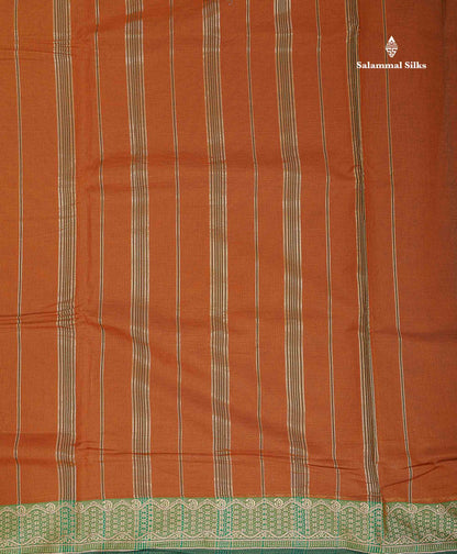 9 Yards Beautiful Light Brown Plain Pure Cotton Saree With Green Thread Work Border