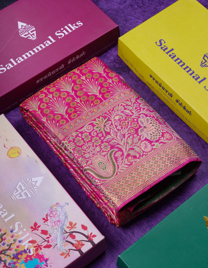 Beautiful Pink Menakari Work Bridal Pure Kanjivaram Silk Saree With Fancy Evening Morning Border