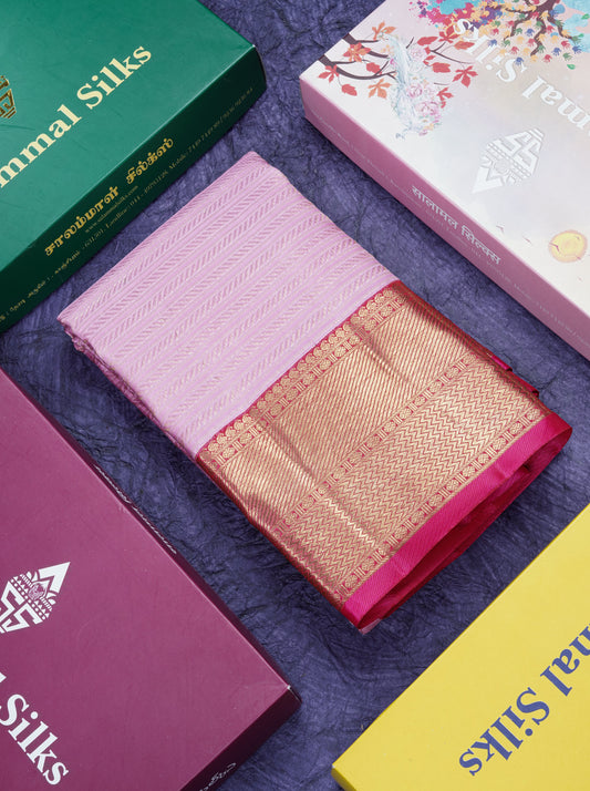 Light Pink Beautiful Bridal Pure Kanjivaram Silk Saree 2G Zari With Traditional Korvai Pink Border