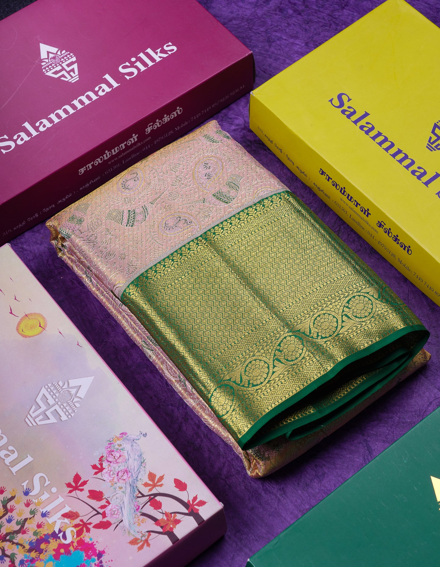 Beautiful Peach Tissue Menakari Work Bridal Pure Kanjivaram Silk Saree With Contrast Bottle Green Traditional Evening Morning Border