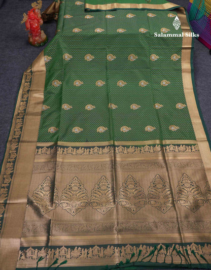 Beautiful Dark Purple Silver & Gold Zari  Semi Soft Silk Saree With Contrast Bottle Green Traditional Pallaku  Evening Morning Border