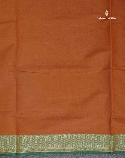 9 Yards Beautiful Light Brown Plain Pure Cotton Saree With Green Thread Work Border