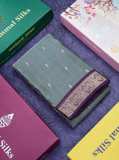 Grey Pure Mix Silk Saree With Contrast Purple Small Traditional Border