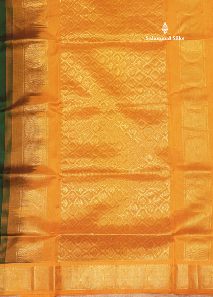 Bottle Green Colour Pure Silk Cotton Saree With Contrast Mustard Yellow Border