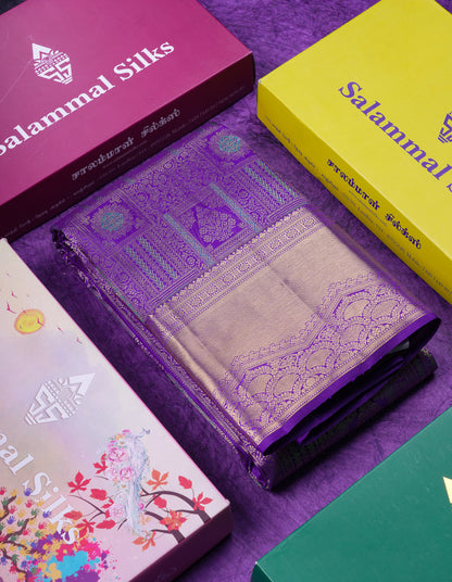 Beautiful Violet Menakari Work Bridal Pure Kanjivaram Silk Saree With Traditional Border