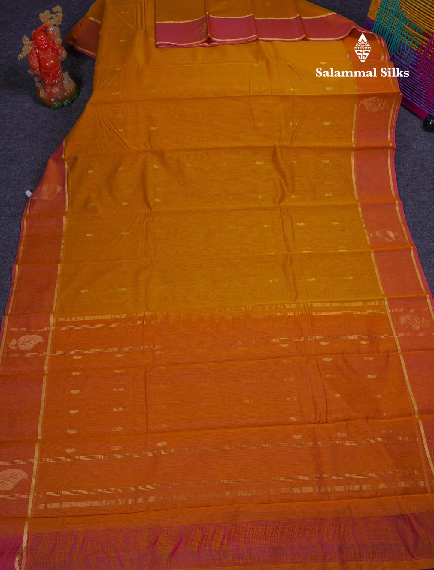 Beautiful Mustard Yellow Pure Cotton Saree With Contrast Dual Tone Pinkish Orange Border