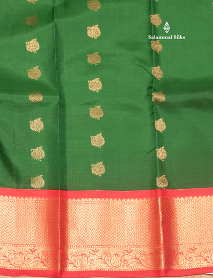 Bottle Green Colour Pure Kanjivaram Silk Saree With Contrast Red Border