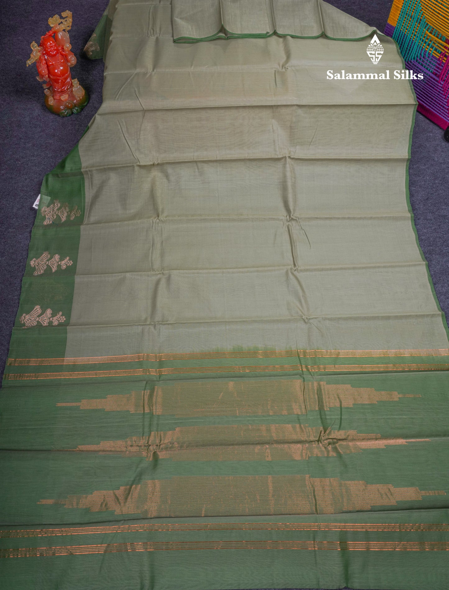 Beautiful Moss Green Pure Cotton Saree With Contrast Light Green One Side Border