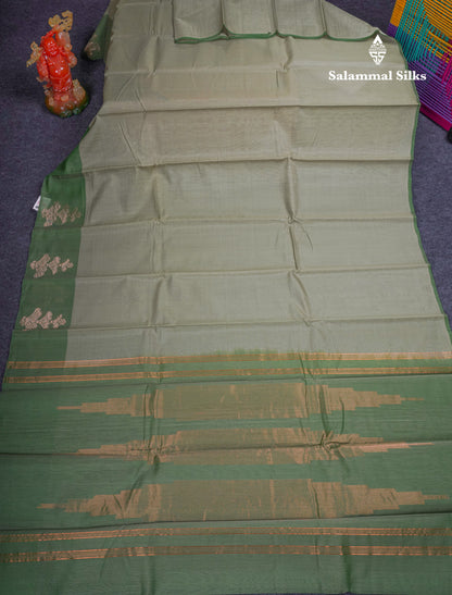 Beautiful Moss Green Pure Cotton Saree With Contrast Light Green One Side Border