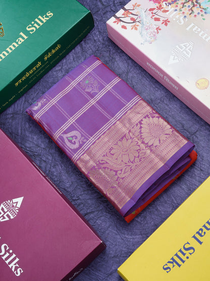 Chilly Red Mennakari Work Pure Silk Mix Saree With Contrast Long Purple Border