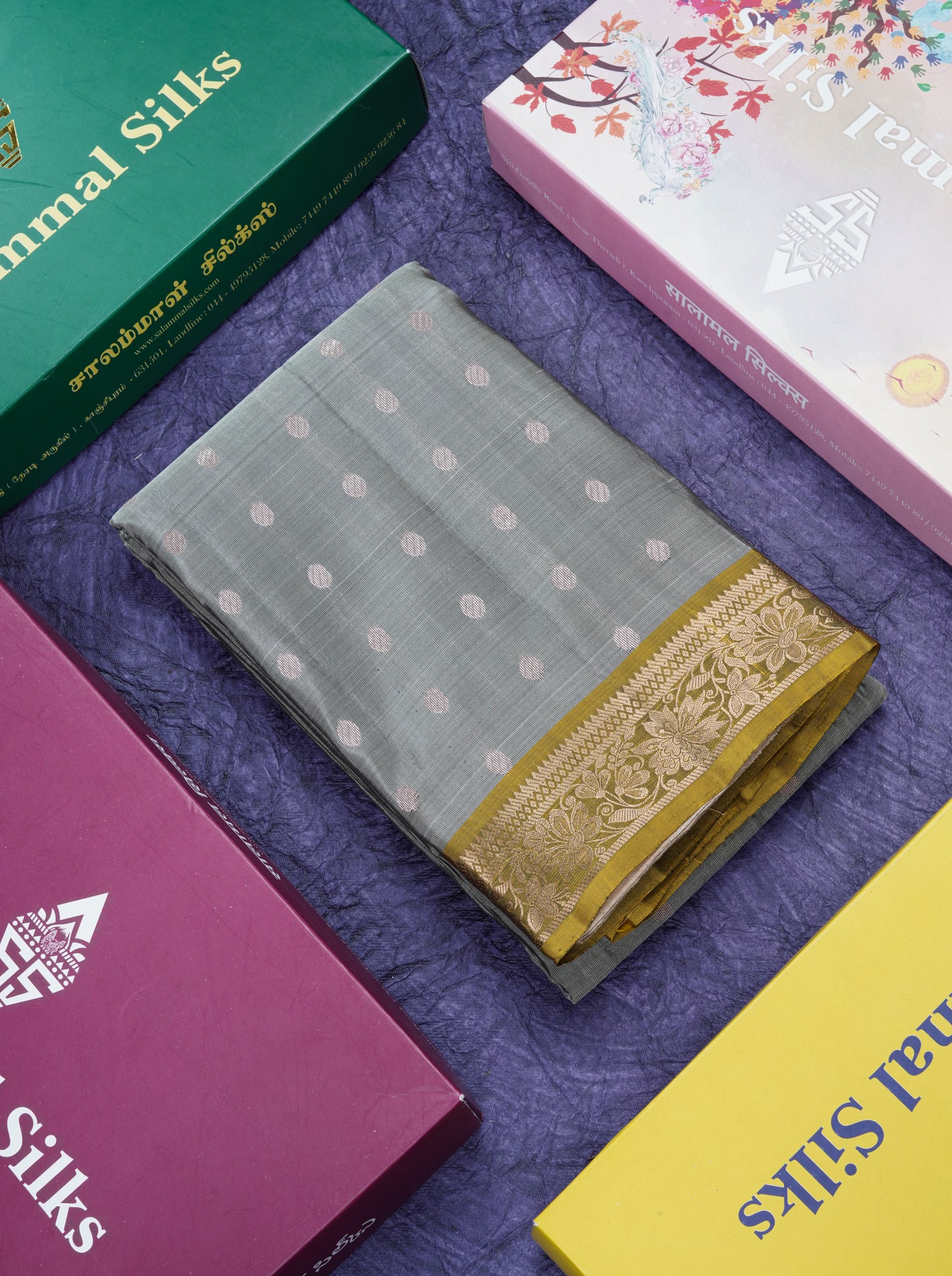 Grey Pure Silk Mix Saree With Contrast Olive Mustard Yellow Blouse