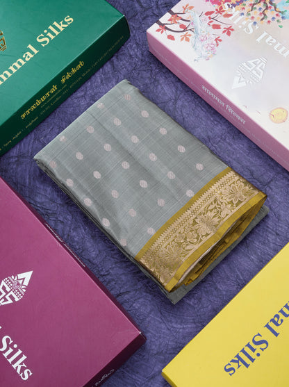 Grey Pure Silk Mix Saree With Contrast Olive Mustard Yellow Blouse