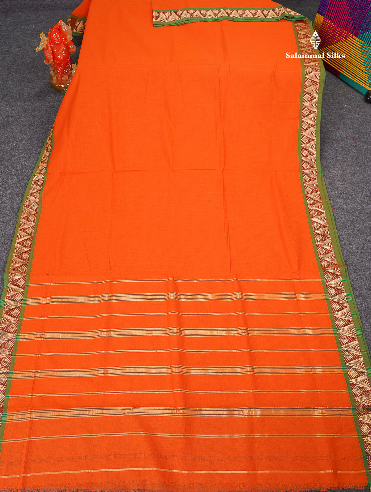 9 Yards Beautiful Orange Plain Pure Cotton Saree With Maroon Border