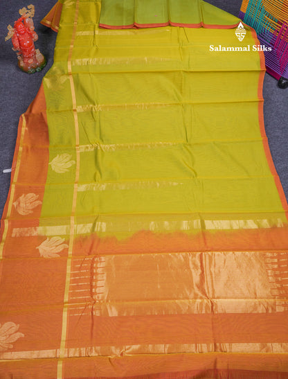 Beautiful Parrot Green Pure Cotton Saree With Contrast Mustard Yellow One Side Border