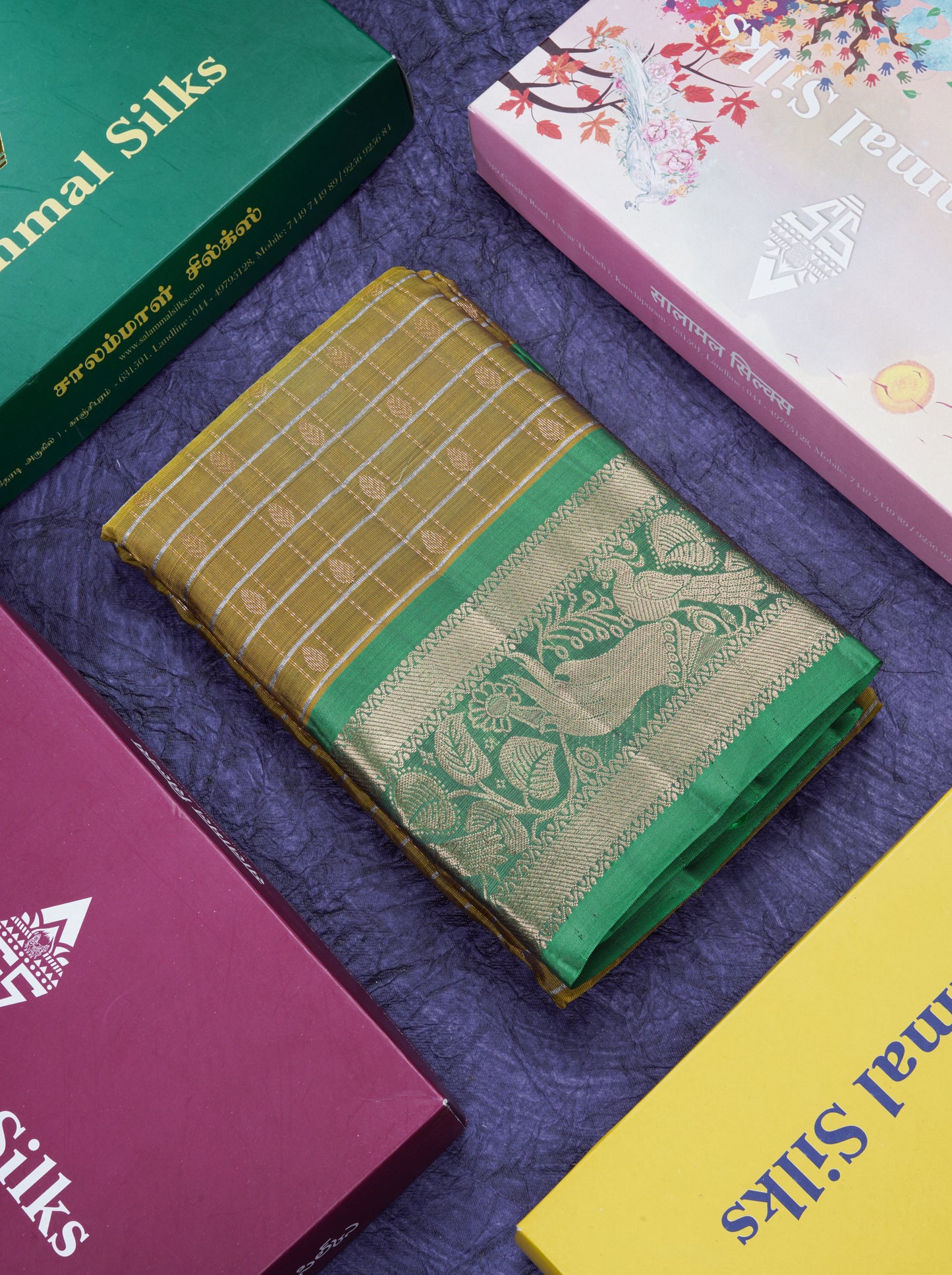 Olive Mustard Yellow Pure Silk Mix Saree With Contrast Green Border