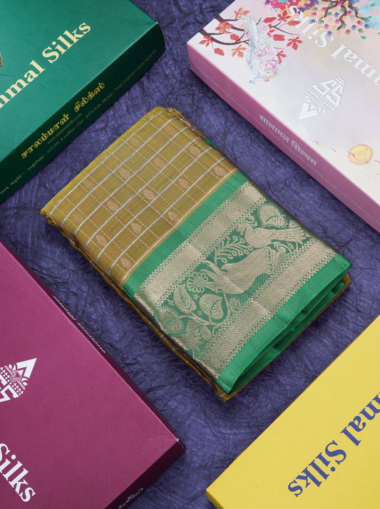 Olive Mustard Yellow Pure Silk Mix Saree With Contrast Green Border