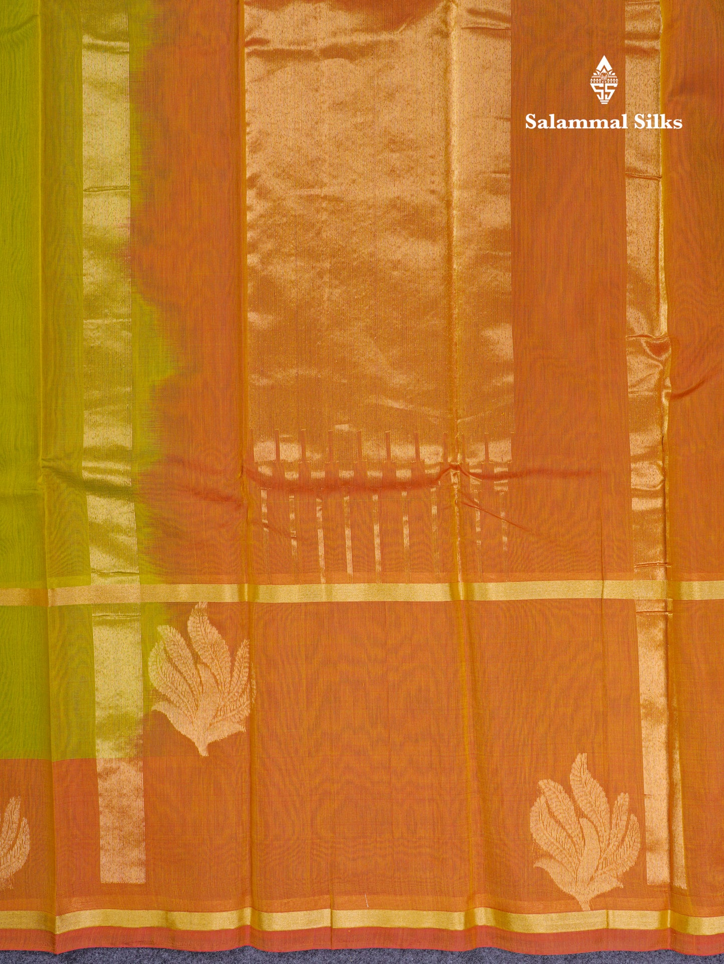 Beautiful Parrot Green Pure Cotton Saree With Contrast Mustard Yellow One Side Border