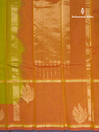Beautiful Parrot Green Pure Cotton Saree With Contrast Mustard Yellow One Side Border